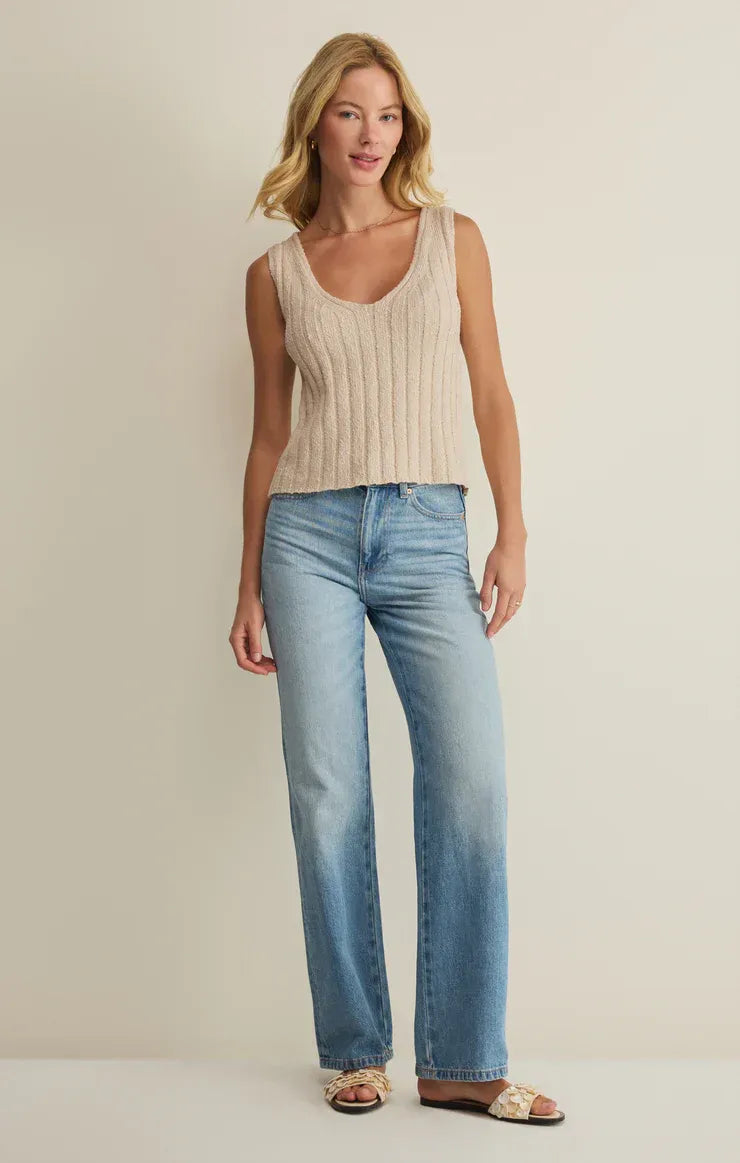 Beige ribbed knit sleeveless sweater tank with scoop neckline acadia sweater tank for versatile layering