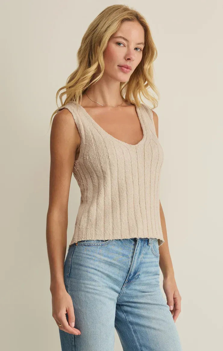 Beige ribbed knit acadia sweater tank top with sleeveless design and flattering v-neckline in lightweight material