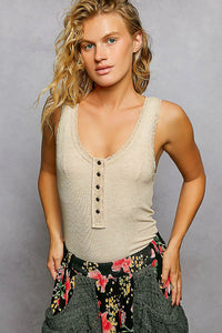 Beige ribbed knit boho henley scooped tank top with lace trim and button detail for casual wear