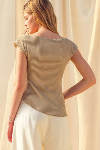 Beige ribbed knit short-sleeved top with boat neckline and flared hem featuring crinkled fabric shirring detail