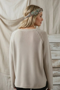 Lucky Saying knit long sleeve sweater in beige ribbed knit with raglan sleeves