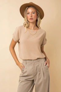 Beige ribbed short roll up sleeve top with rolled cuffs in lightweight fabric for women’s boho chic clothing shop daisy