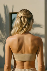 Lace boho bandeau strapless bra in beige ribbed fabric