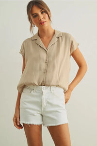 Beige lightweight button down cap sleeve shirt with collar and relaxed fit ideal for casual wear