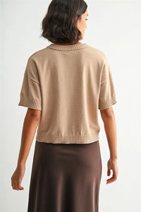 Beige short-sleeved knit crew neck crop cardigan with ribbed cuffs and hem featuring crop row edge design