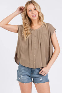 Beige sleeveless blouse with pintuck detailed button front and pleated neckline for elegant office wear