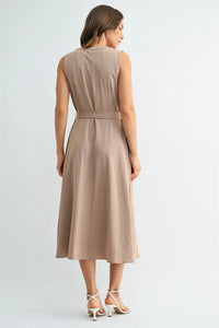 Beige sleeveless v neck tie midi dress with fitted waistband and subtle textured fabric for elegant wear