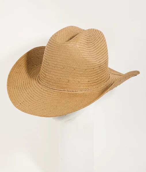 Beige straw braided cowboy hat with woven texture and slightly curved brim perfect for outdoor wear