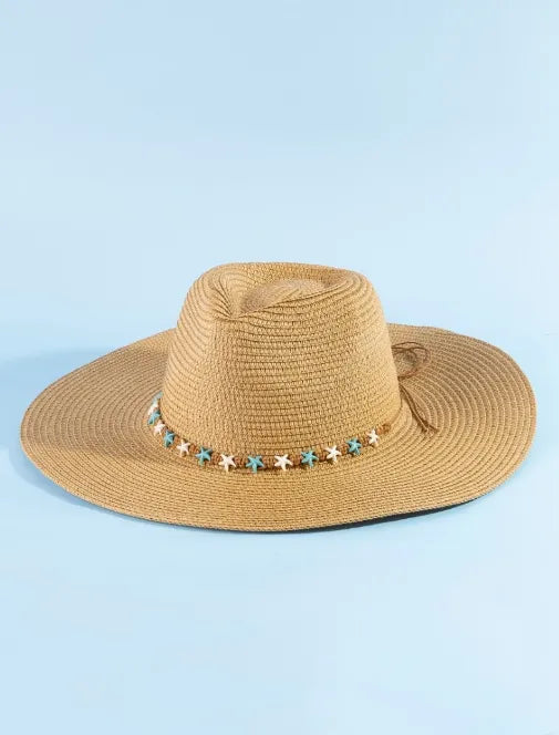Beige straw hat with turquoise and white starfish beads decorative band starfish beads straw hat for sun protection