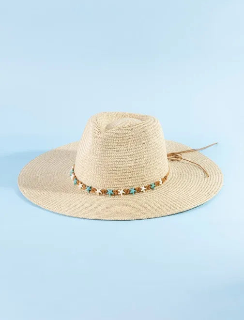 Beige straw hat featuring turquoise and brown starfish beads decorative band in starfish beads straw hat style