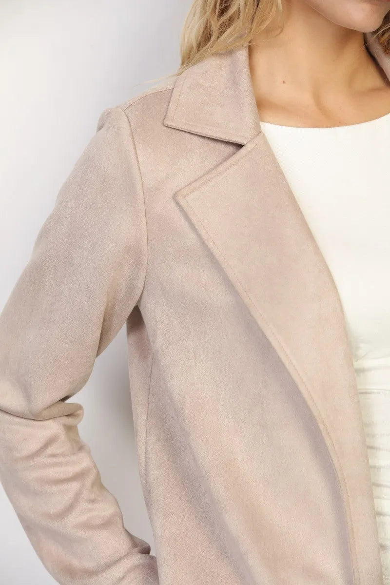 Beige suded open front duster coat with classic collar and tailored fit for women’s boho chic clothing