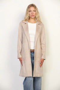 Beige suded open duster coat with notched lapels and long sleeves for women’s boho chic clothing style