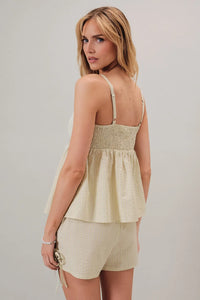 Beige textured fabric square neck top with smocked back and thin shoulder tie straps from women’s boho chic clothing
