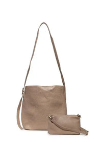 Beige textured leather andie 2 in 1 bucket crossbody with main bag and matching mini crossbody pouch bag features