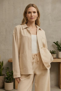 Beige bay breeze twill jacket with utility-style button-up front pockets and a relaxed fit design
