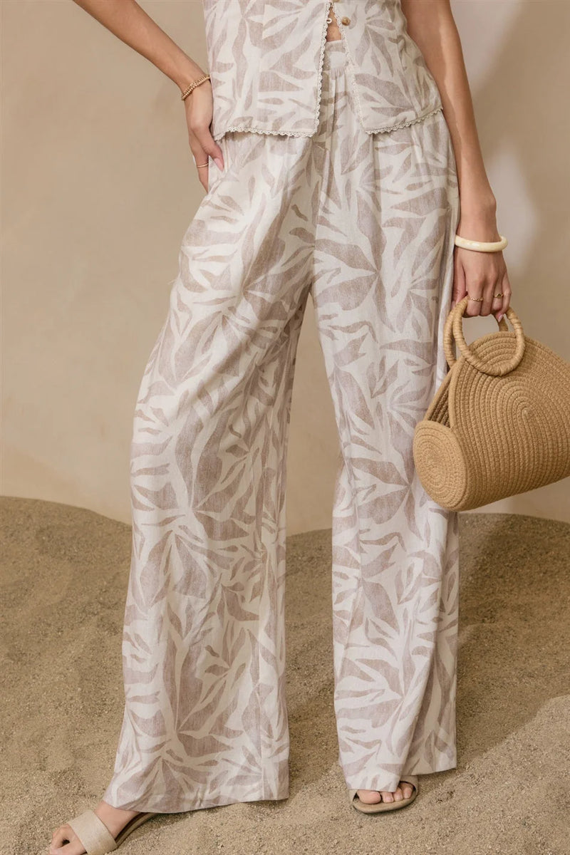Beige and white leaf-patterned pleated wide leg pants, FRONT PLEATED WIDE LEG PANTS