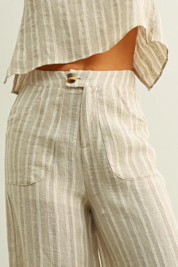 Beige and white vertically striped jacquard linen pockets pants with single button waist closure for women’s boho chic clothing