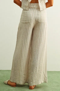 Beige and white vertically striped jacquard linen wide-leg pockets pants for women’s boho chic clothing
