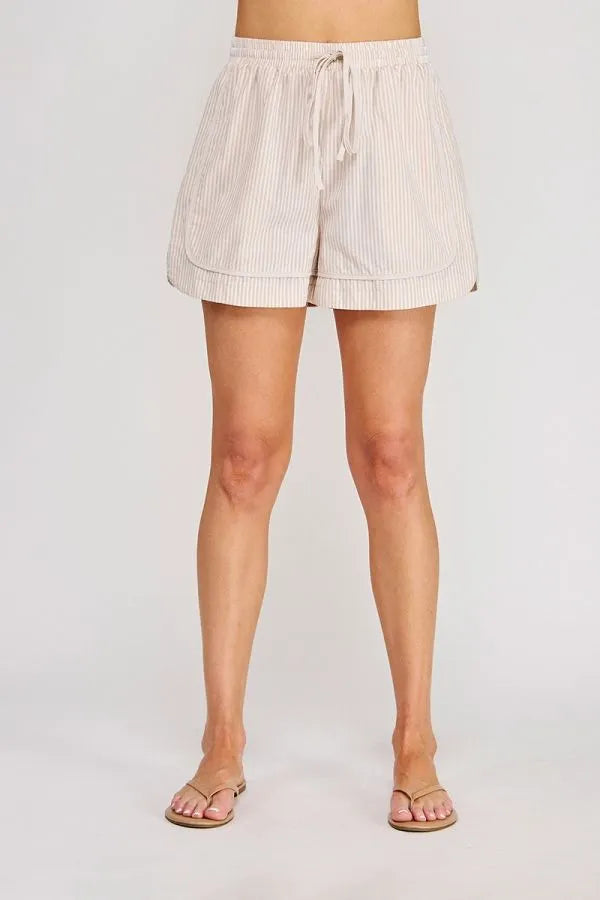 Beige and white vertically striped cotton shorts with tie elastic waist and elastic waist pockets for casual wear