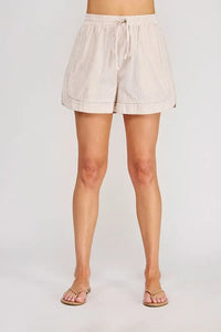 Beige and white vertically striped cotton shorts with tie elastic waist and elastic waist pockets for casual wear