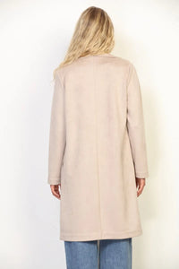 Beige wool-blend duster coat with classic double-breasted design and notched lapels for women’s boho chic clothing