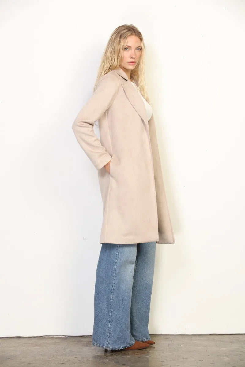 Beige wool-blend suded open front duster coat with classic collar and long sleeves for women’s boho chic clothing