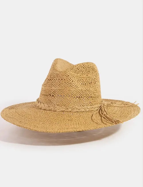 Beige woven straw fedora featuring a braided rope band with tassel detail for stylish sun protection