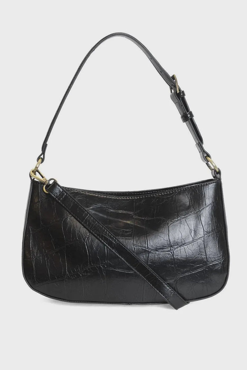 Black erin faux croc hobo shoulder crossbody bag with sleek curved design and adjustable strap in faux croc leather