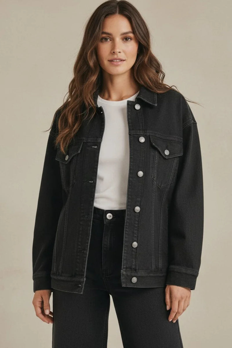 Miles oversized denim jacket in black with silver buttons and flap pockets
