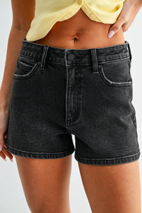 High rise classic hem denim shorts in black with distressed finish