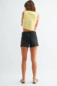 High rise classic hem denim shorts with five-pocket design and frayed hem