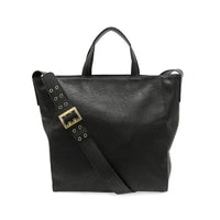 Black faux leather alma buckle tote bag with gold-tone buckle and adjustable strap for versatile use