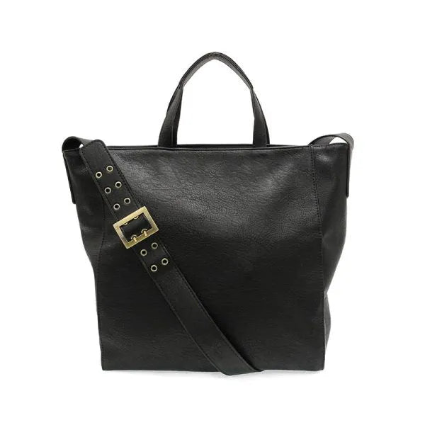 Black faux leather alma buckle tote bag with gold-tone buckle and adjustable strap for versatile use