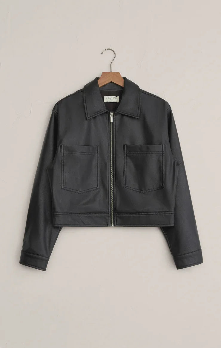 Heritage faux leather jacket with cropped black design, zipper and flap pockets
