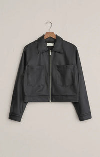 Heritage faux leather jacket with cropped black design, zipper and flap pockets