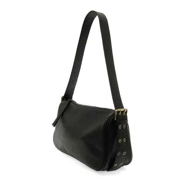 Black faux leather Morgan buckle shoulder bag with single strap and decorative metal grommets along the side