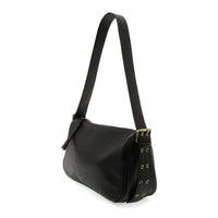 Black faux leather Morgan buckle shoulder bag with single strap and decorative metal grommets along the side