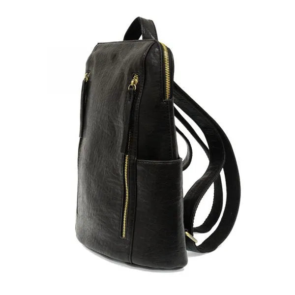 Black faux leather raegan double zipper backpack with gold-tone zippers and adjustable straps for daily use