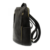 Black faux leather raegan double zipper backpack with gold-tone zippers and adjustable straps for daily use