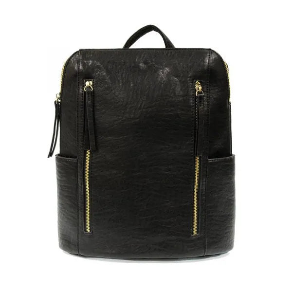 Black faux leather raegan double zipper backpack with gold-tone zippers and tassels for stylish everyday use
