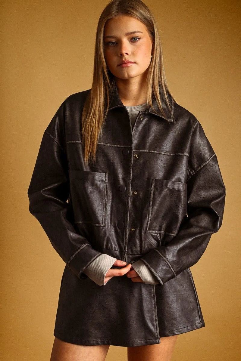 Black faux leather washed effect button front jacket with button closures and two front pockets