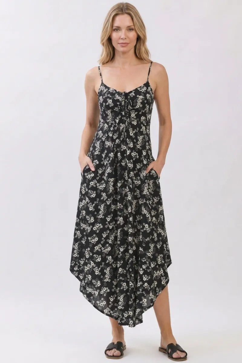 Black floral print midi dress with floral print chest ruched bodice spaghetti straps and asymmetrical hem