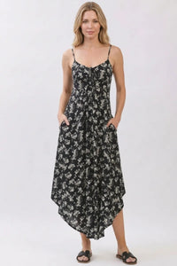 Black floral print midi dress with floral print chest ruched bodice spaghetti straps and asymmetrical hem