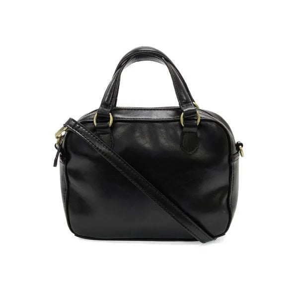 Black glossy leather regina mini satchel crossbody with gold-tone hardware and detachable shoulder strap