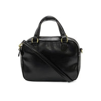 Black glossy leather regina mini satchel crossbody with gold-tone hardware and detachable shoulder strap