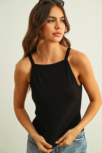 Black ribbed tank top with halter neck and shoulder cutout, womens boho chic clothing