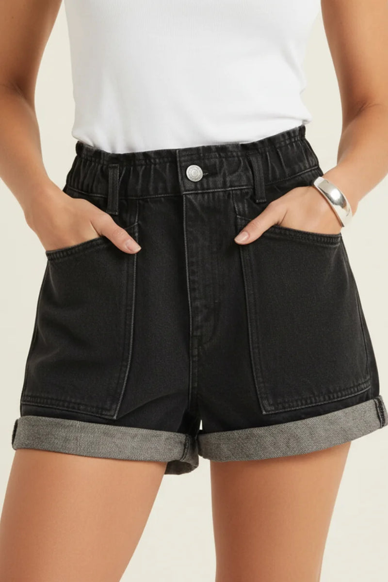 Odin washed denim high-rise shorts with rolled cuffs and gray lining