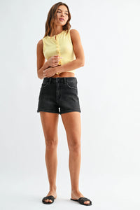 High rise classic hem denim shorts with frayed hem, back view