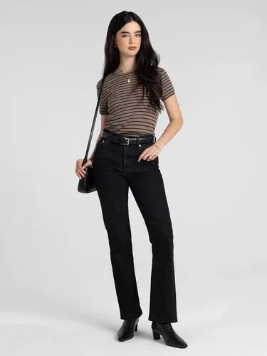 Thread and Supply Annie tee with slim fitting black high waisted flared jeans featuring a sleek belt loop design