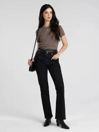 Thread and Supply Annie tee with slim fitting black high waisted flared jeans featuring a sleek belt loop design